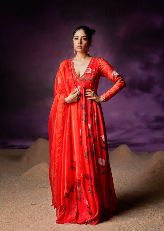 Bulbul Anarkali dress- Tangerine